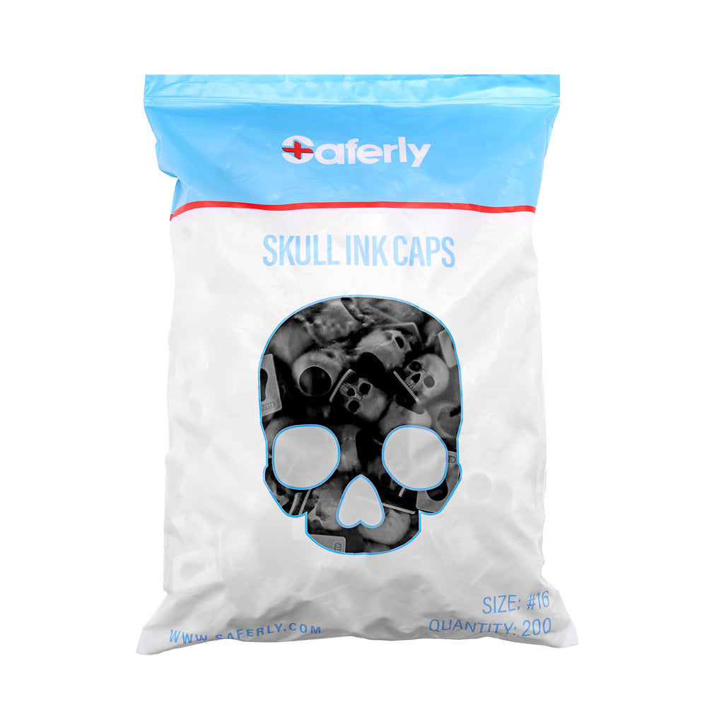 Saferly Skull Silicone Ink Caps —Size #16 (Large) — Bag of 200  — Pick Color - Ultimate Beauty