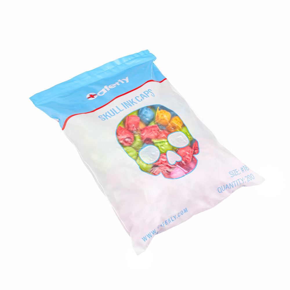 Saferly Skull Silicone Ink Caps —Size #16 (Large) — Bag of 200  — Pick Color - Ultimate Beauty