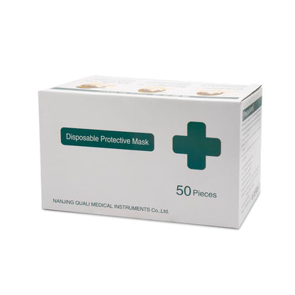 Box of 50 Blue Disposable Face Masks show with masks out in front of box